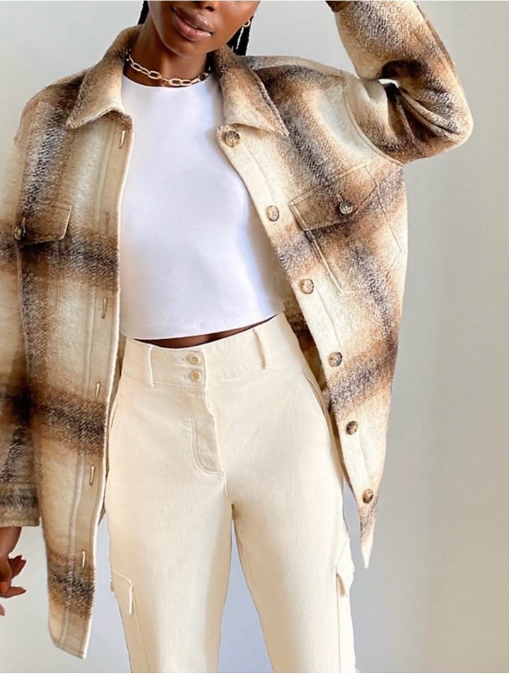 Wilfred Free Tan and Cream plaid Shacket Size Medium, long length.